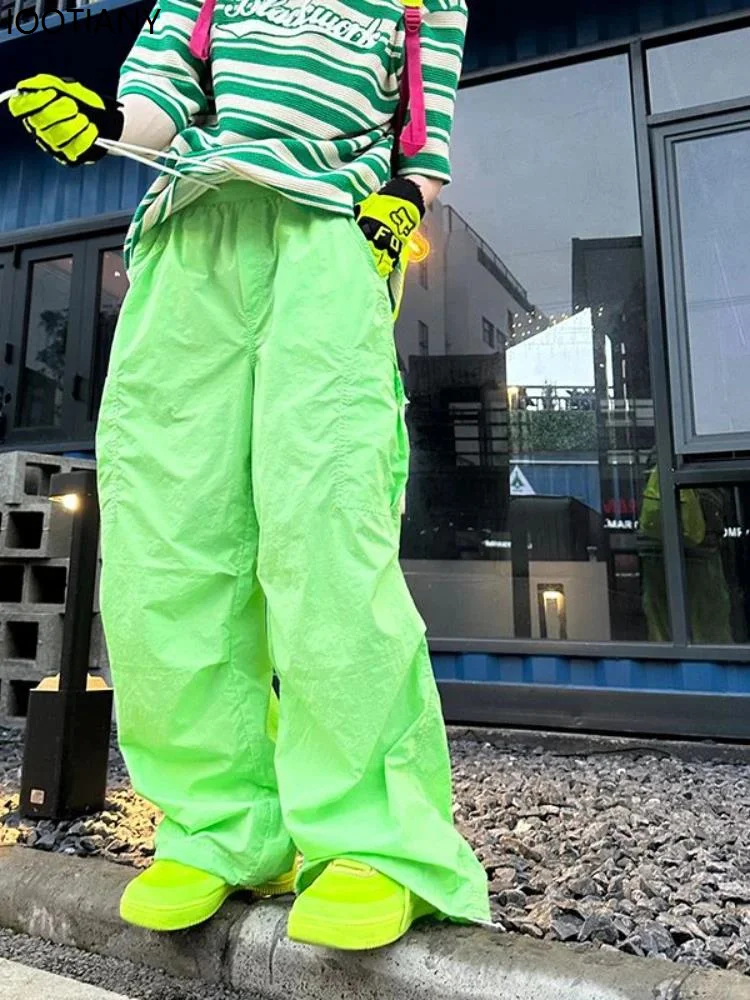 Oversized Y2k Green Dopamine Workwear Parachute Pants Men's Fashion Casual Trousers Men Loose Street Hip-hop Sports Korean Wave