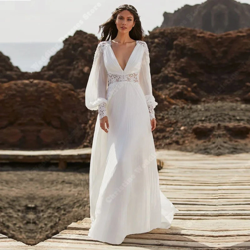 

Elegant Women Wedding Dresses Sexy Deep-V A-Line Lace Bridal Gowns Backless Mopping Length Lace printing Robes Vestidos De Novia