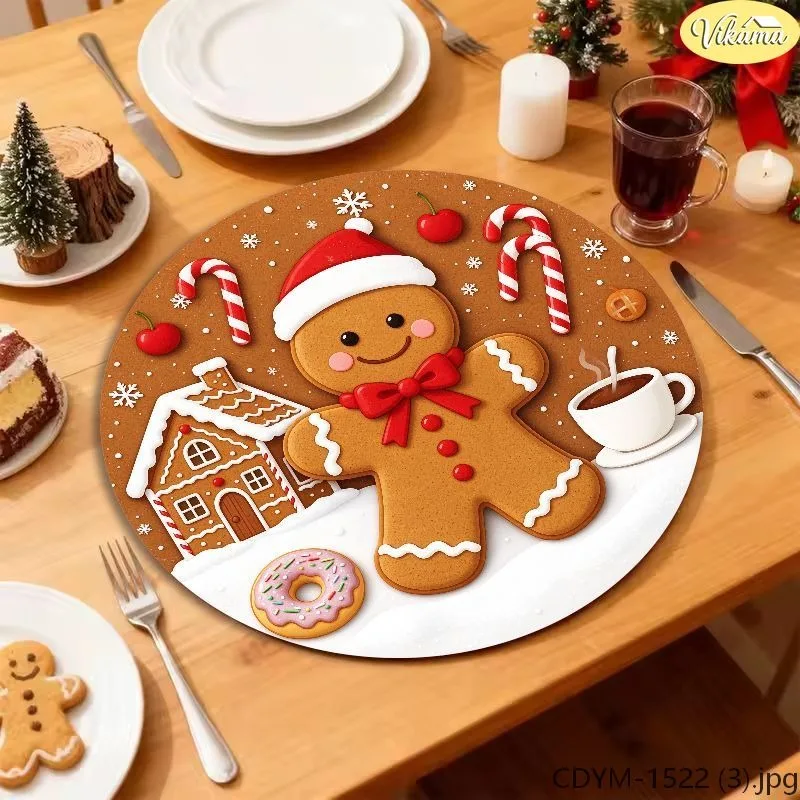 VIKAMA Christmas Round Placemats, Brown Gingerbread Man Santa House Candy Cane Donut Coffee, Kids Holiday Mat