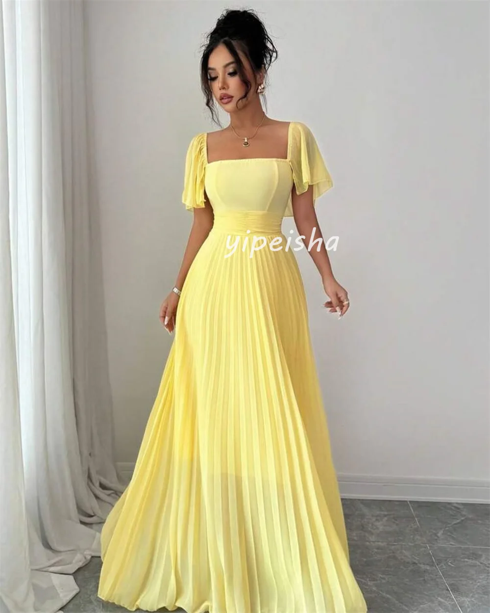 Customized Modern Style Sizes Available Chiffon Pleat Draped A-line Square Neck Long Dresses Bespoke Occasion Dresses Matching
