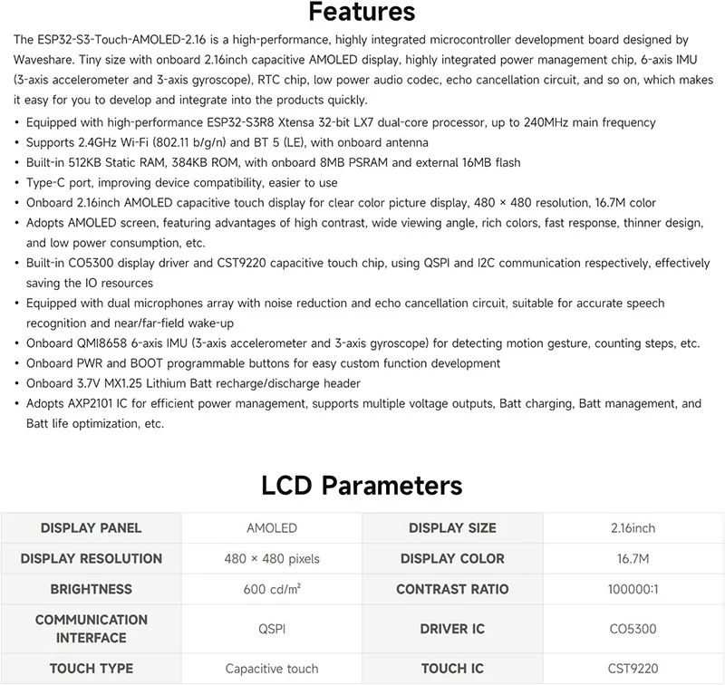 Płytka rozwojowa Waveshare ESP32-S3 z 2,16-calowym dotykowym ekranem AMOLED, rozdzielczość 480x480 pikseli, obsługa AI Chatbot, ESP-IDF, Arduino IDE — zdjęcie produktu 3