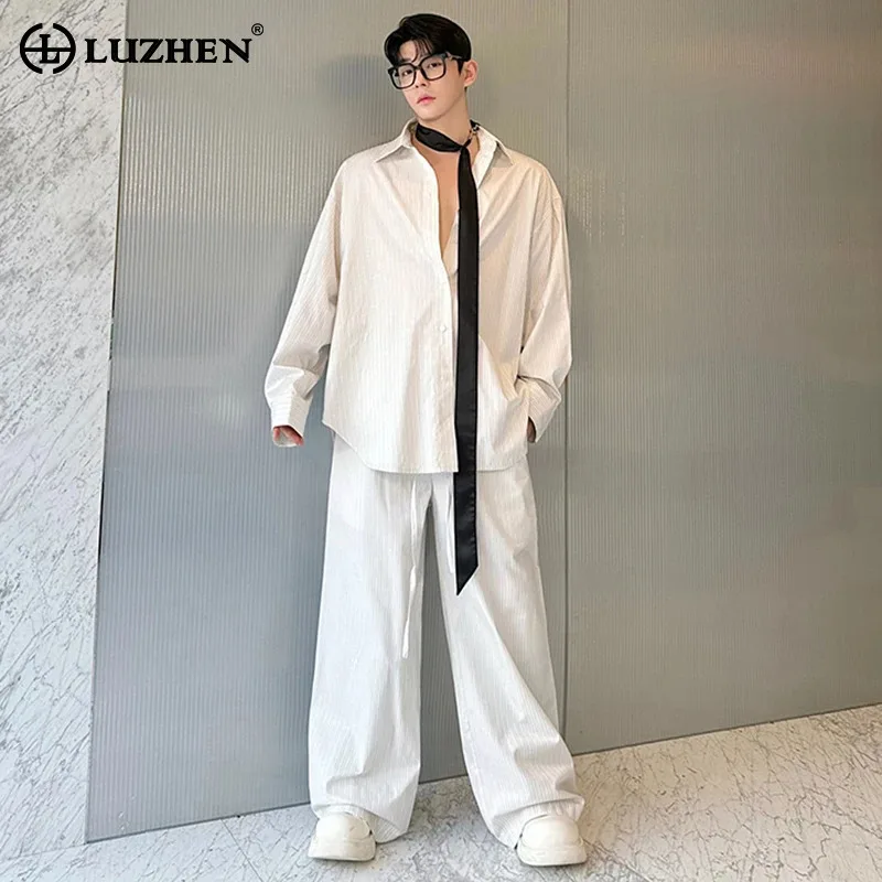 LUZHEN Long Sleeve Korean Outfit Trendy New Fashion Men's In Social Formal Shirts Men's Casual Straight Pants Two Piece JY8375