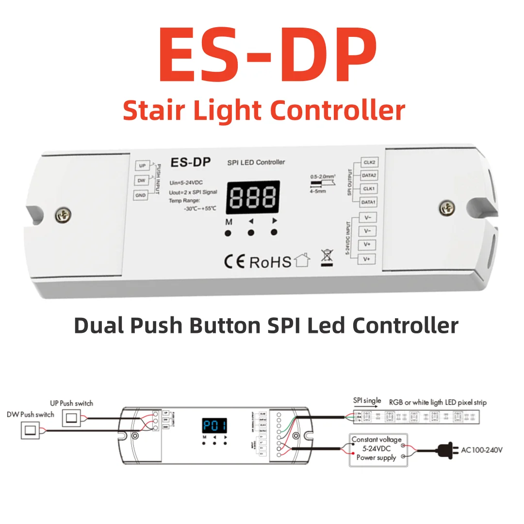 botao duplo controlador spi dimmer es dp luz da escada controlador ttl para ws2811 ws2812 9822 rgb ou tiras led brancas dc5v24v 01