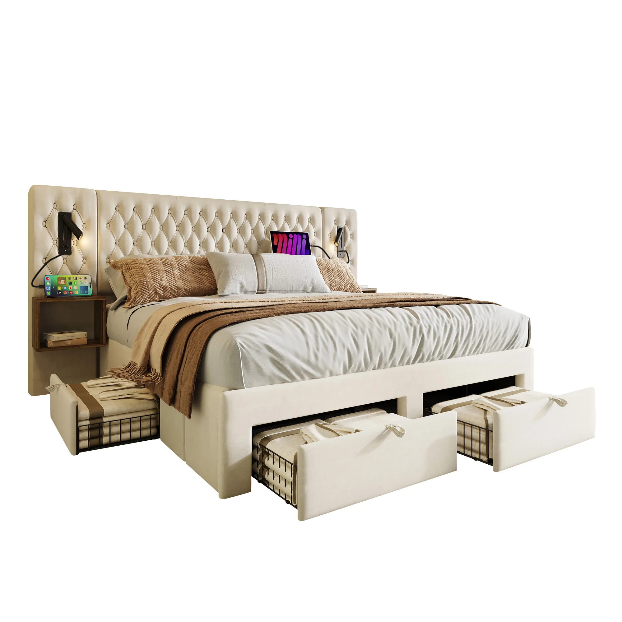 Bedside Bedroom Complete set, upholstery bed double bed 160 × 200 cm with 2 bedside tables and 4 drawers, headboard reading light m