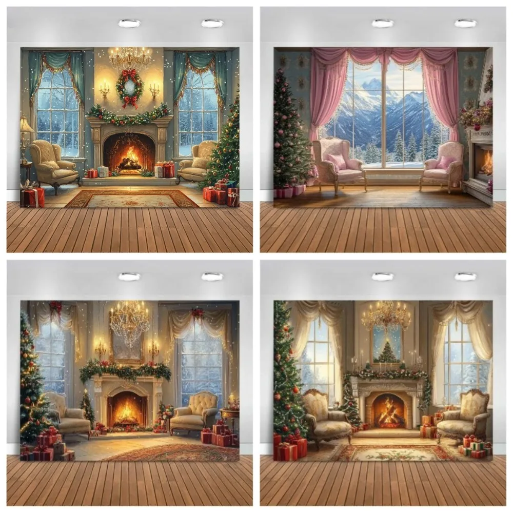

Christmas winter fireplace pink curtain banner photography Backdrop, holiday party children's photography studio prop background