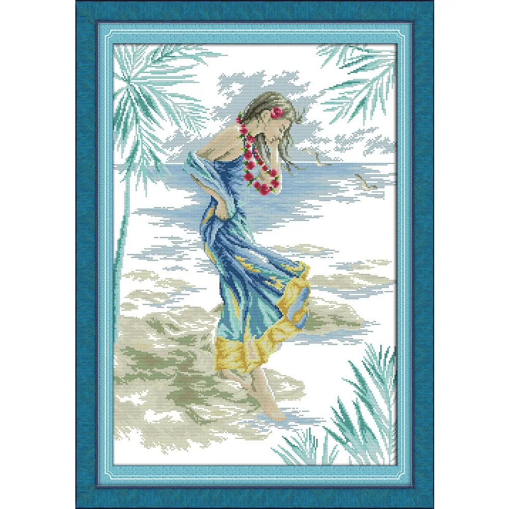 

Joy Sunday New Stamped Cross Stitch Kit,11/14/16CT DIY Easy Pattern Aida Fabric Embroidery Set- The Woman on The Beach