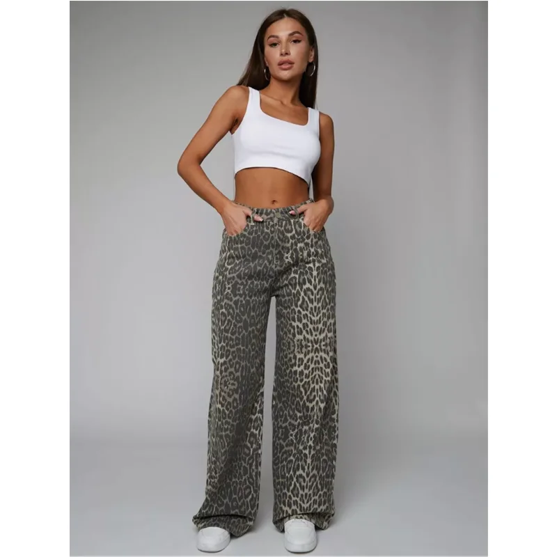 Leopard Print Womens Jeans High Waist Vintage Hip Hop Casual Straight Baggy Y2K Pants Streetwear American Wide Leg Denim Trouser