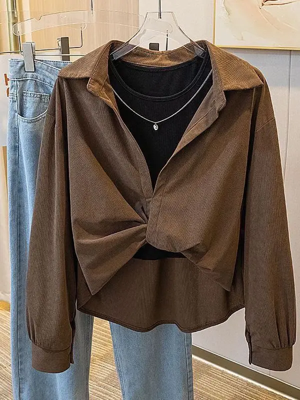 

Faionable Long Sve irt Outerwear Women's Autumn Clothing plus Size Versatile irt Design Sensation Slimming Effect