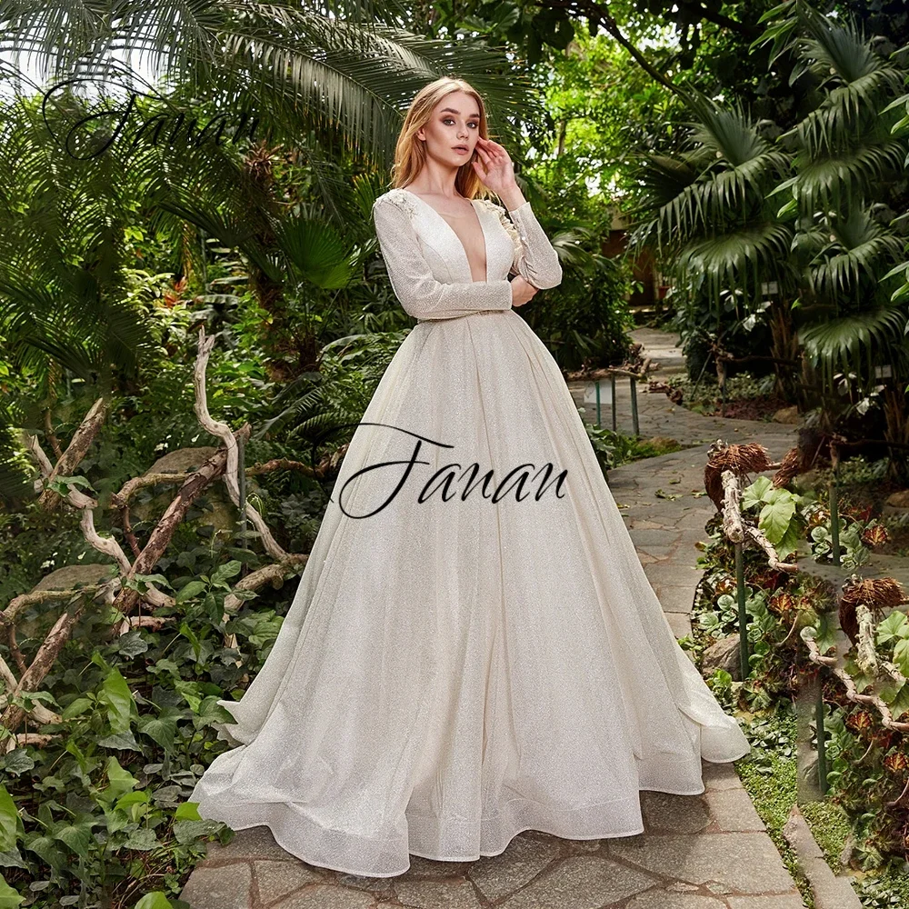 Gaun Pengantin V-Neck Dalam Berkilauan Lengan Panjang A-Line Backless Panjang Selantai Gaun Pengantin Sederhana Robe De Soirée De Mariage