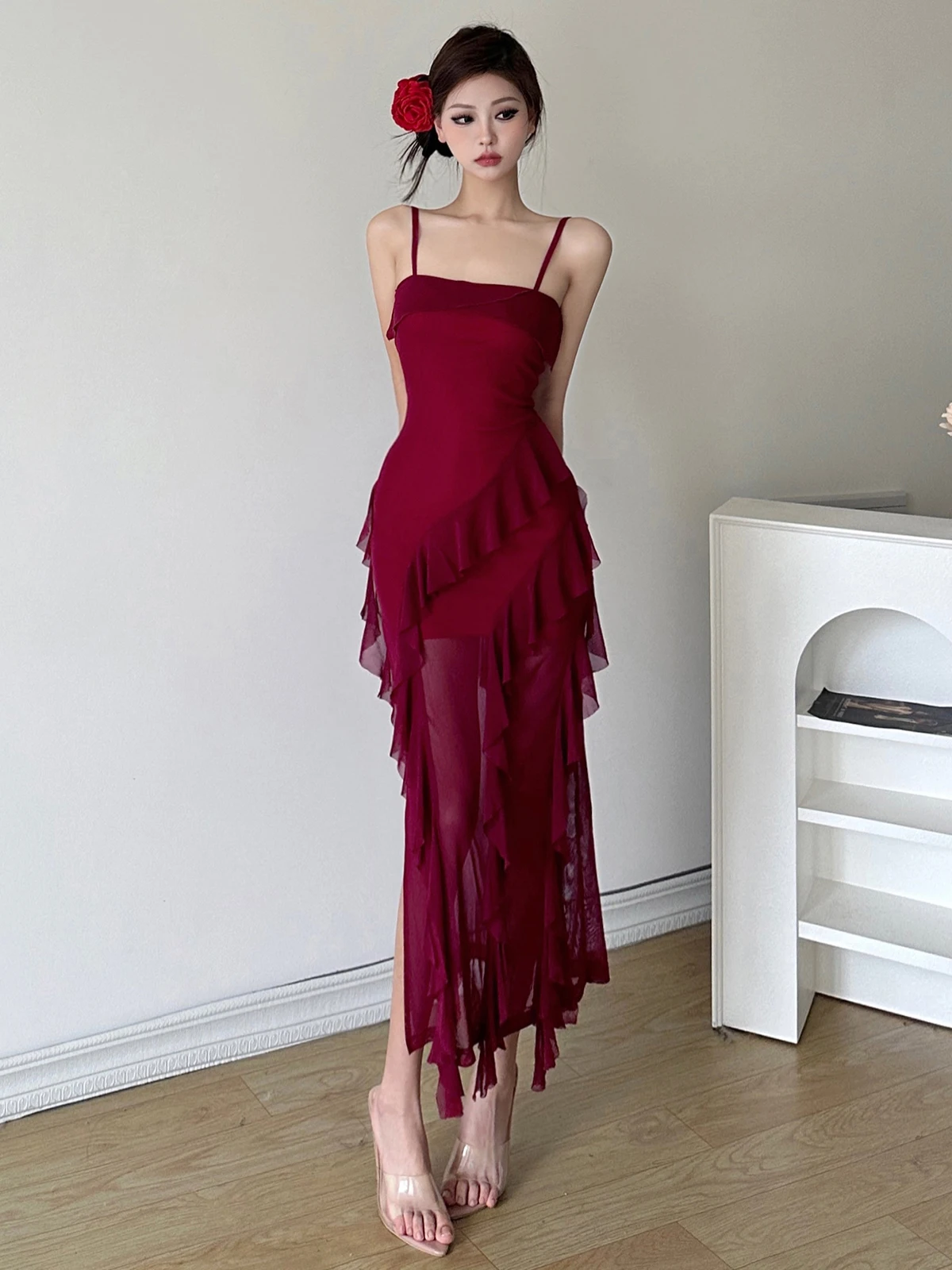 

Sexy Sweet And Spicy Weird Puss Women's Midi Dr with Lace Trim Asymmetrical Hemline Open Split Strapl Gown Polyester Fa...