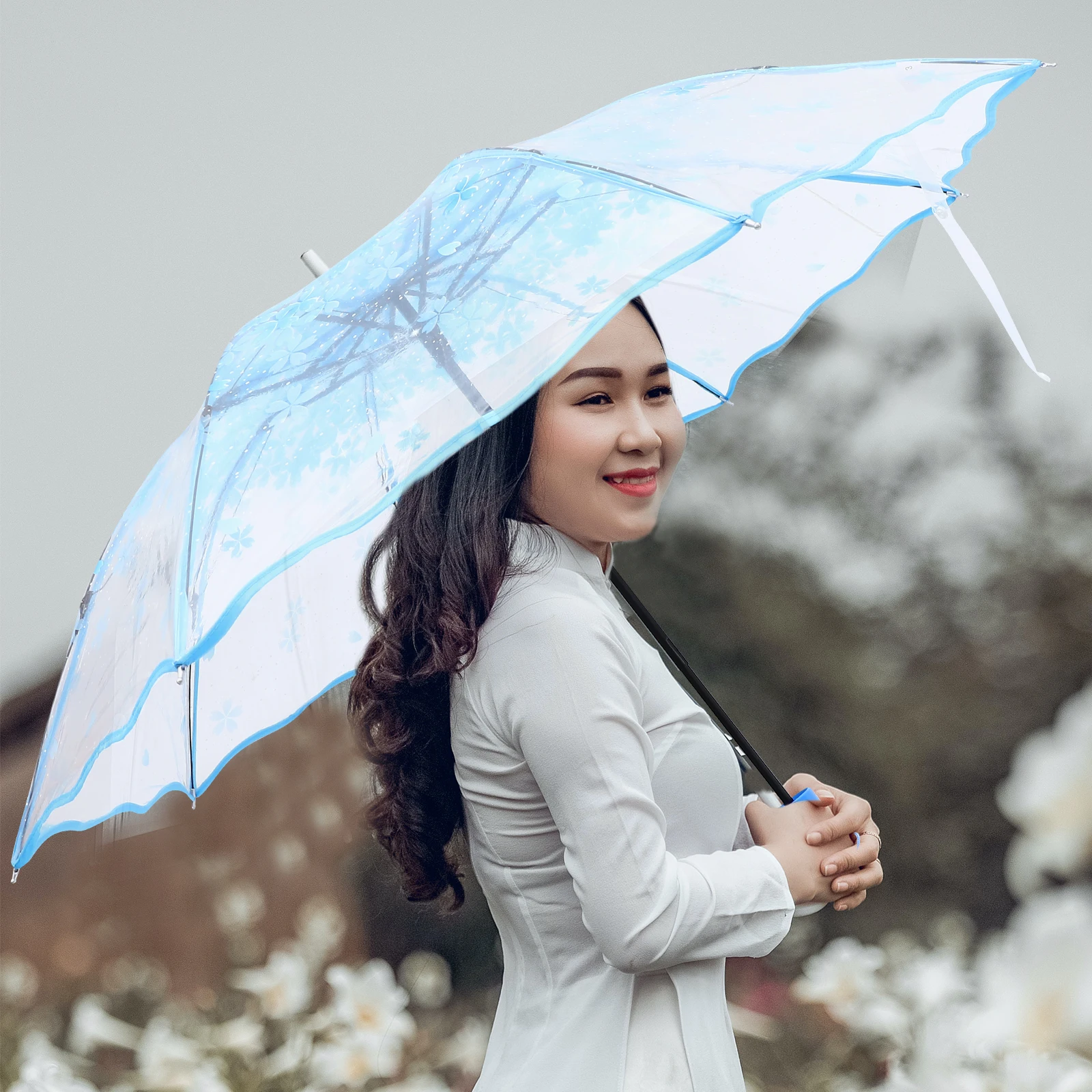 

Transparent Folding Umbrella Clear Raining Travel Floral Outdoor Portable Sun Protection Lightweight Strong Wind Rain Resistance