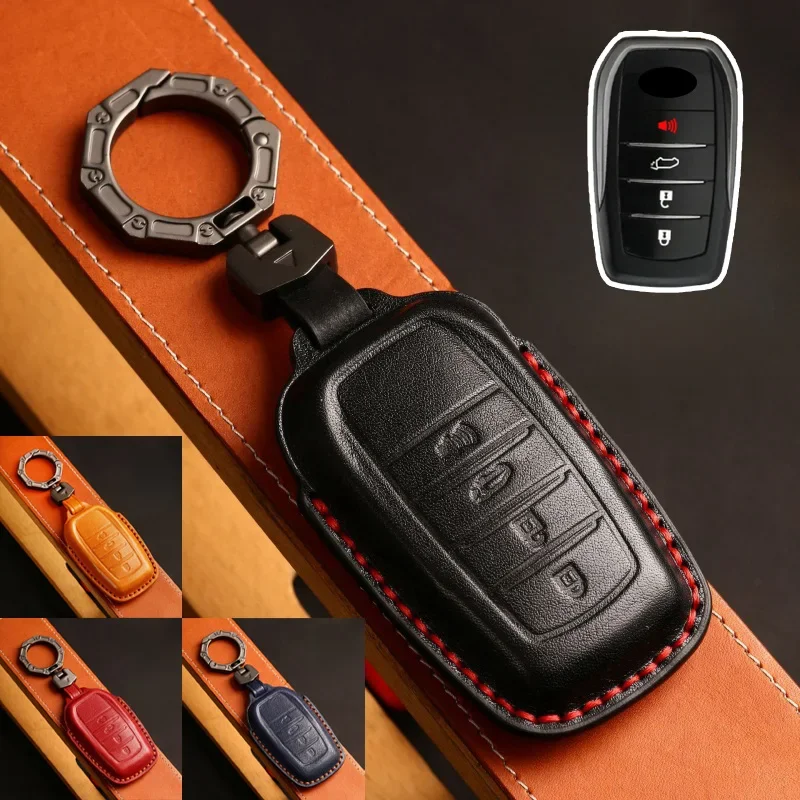 

Genuine Leather Car Remote Smart Key Fob Case Cover Holder Bag With Keychain For Toyota RAV4 Highlander Fortuner 2015-2019