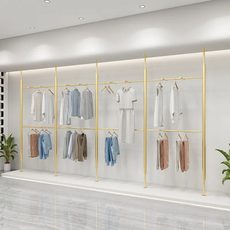 

Стеллаж для одежды из нержавеющей стали, настенный, двухъярусный, для демонстрации одежды, титановый.