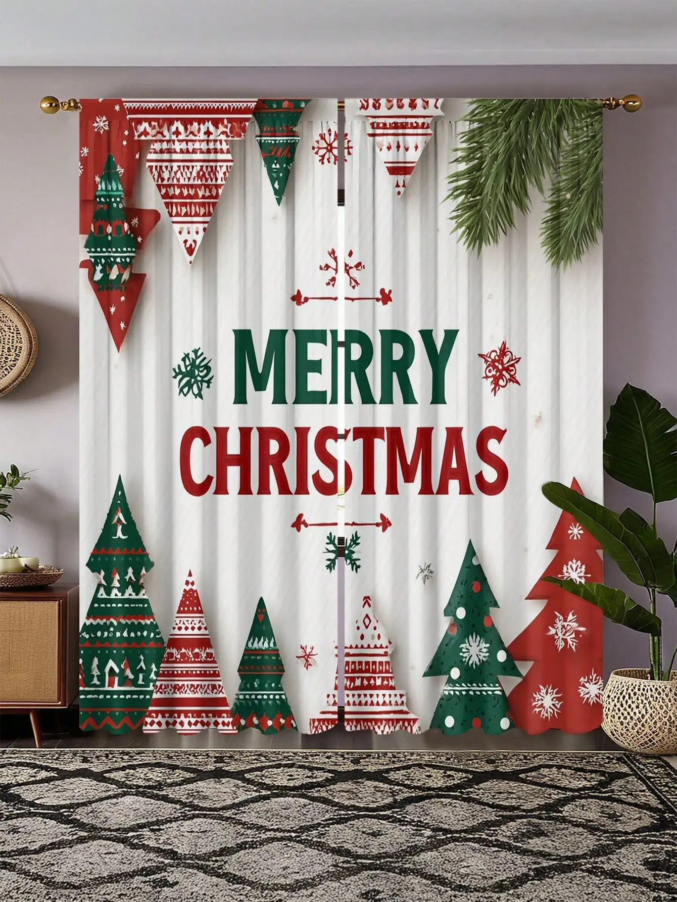 

2pcs Christmas Theme Text, Reindeer & Christmas Tree Pattern High Definition Digital Print Curtains, Polyester Sheer Curtains