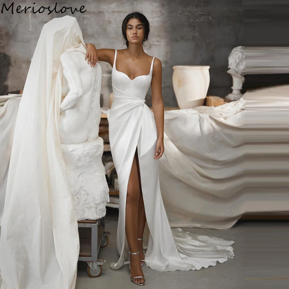 Merioslove abiti da sposa a sirena in raso semplice senza maniche senza spalline abito da sposa da spiaggia abiti da sposa robe de mariée