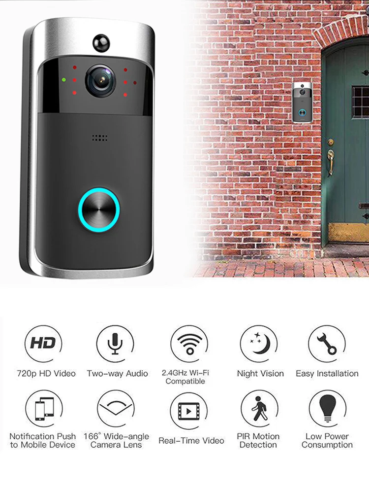 V5 bel pintu kamera cerdas, bel pintu keamanan rumah deteksi gerakan interkom suara 1080P, bel pintu nirkabel Wifi