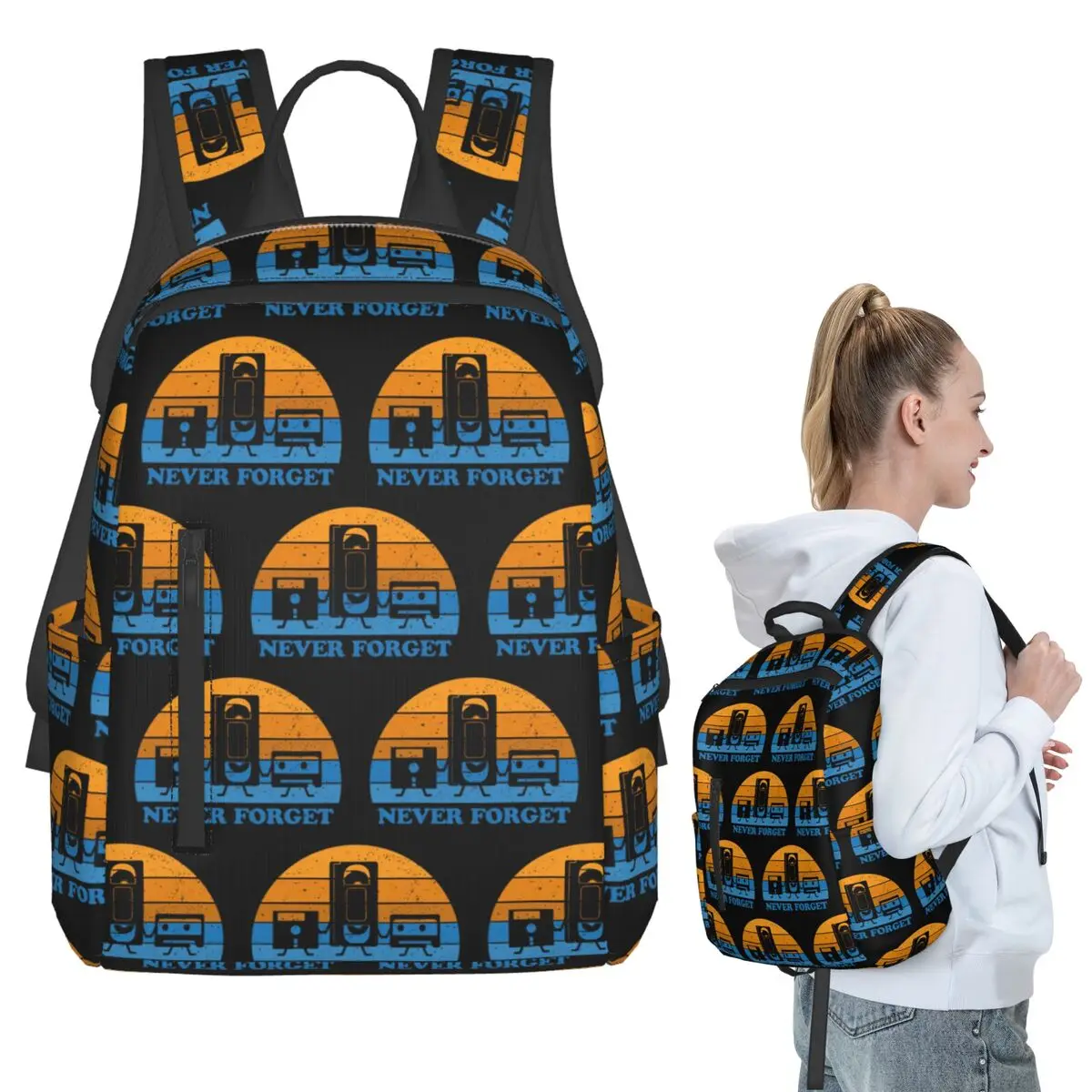 

Never Forget -Floppy Disk Cassette VHS Tape Backpack Student BookBag Kids School Bag Computer Shoulder Bags Men Women