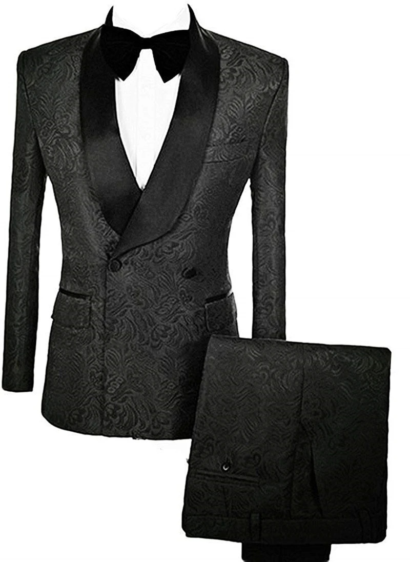 

Black Jacquard 2 Piece Men Suits Double Breasted Shawl Lapel Formal Elegant Jacket Pants Slim Fit Wedding Party Tuxedos Set