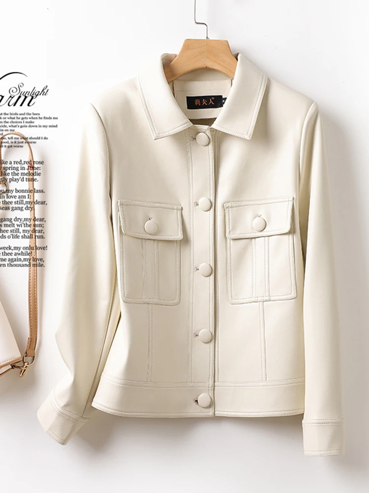 가을 겨울 여성용 슬림핏 가죽 자켓 큰 사이즈 양가죽 코트 소형 아우터 통근 패션 캐주얼 디자인