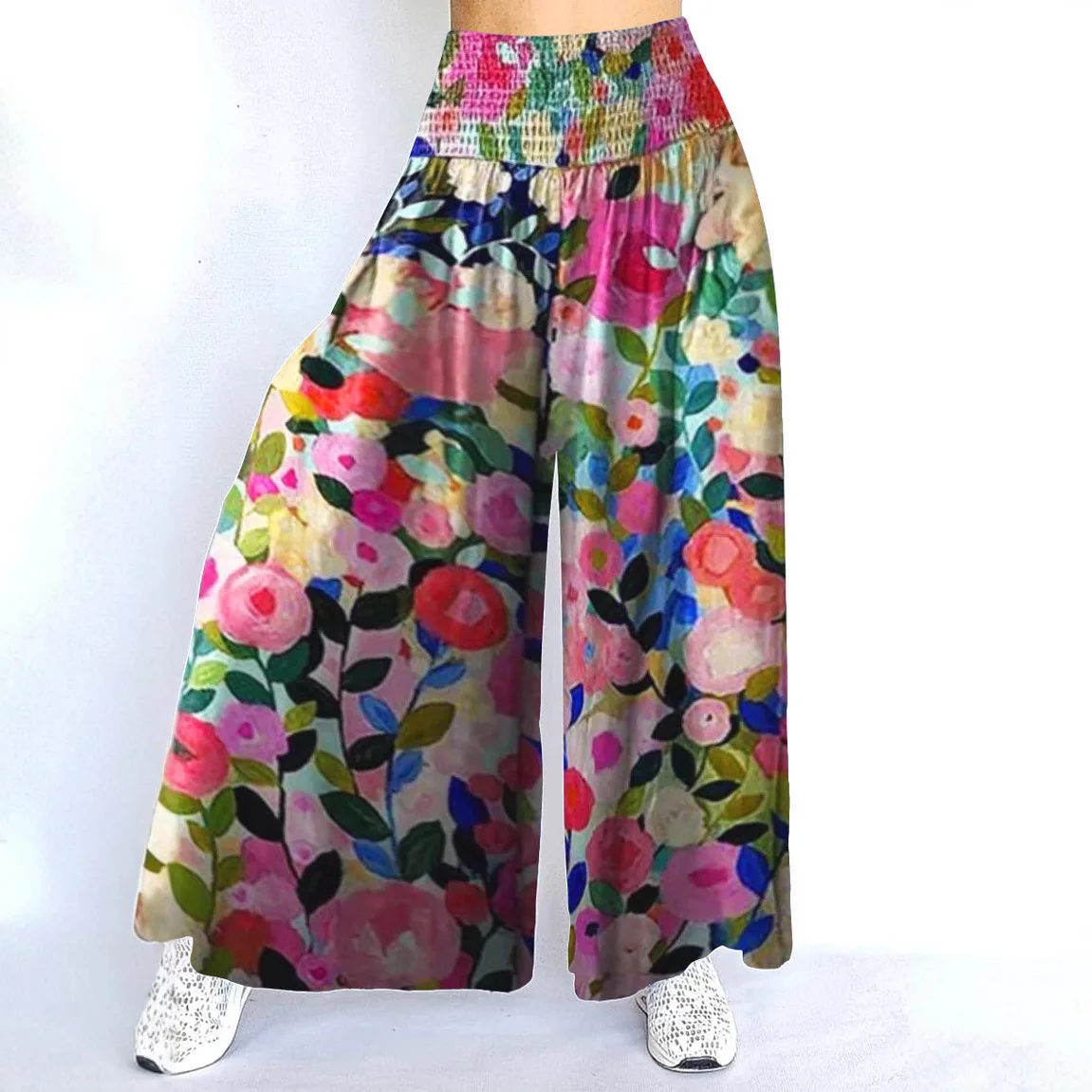 

Women Casual Loose Wide Leg Elastic Waistband Wide Pants Long Pants Floral Print Loose Elegant Blue Black Wide Leg Trousers pant