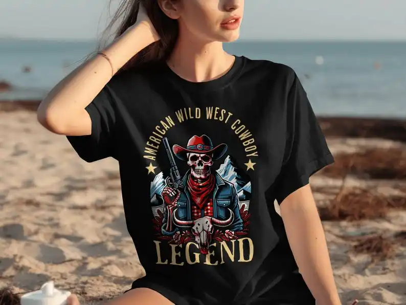 

American Wild West Cowboy Legend T-Shirt, Skull Cowboy | Tee, Western Themed Shirt, Cowboy Skull Design Top, Adventure Shi