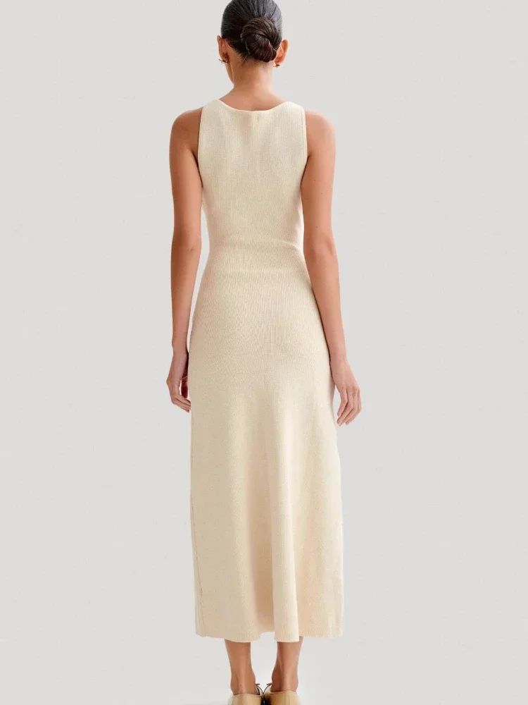 CPSYMYM Elegante Lady lavorato a maglia monopetto abiti lunghi donna solido senza maniche o collo bottone aderente partito abiti femminili