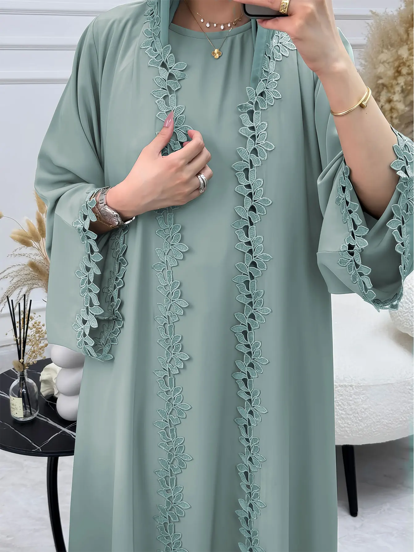Dubai Elegant  Green Abaya for Muslim Women - Intricately Crafted with Multicolored Embroidery Piece in Islamic Modest Fashion