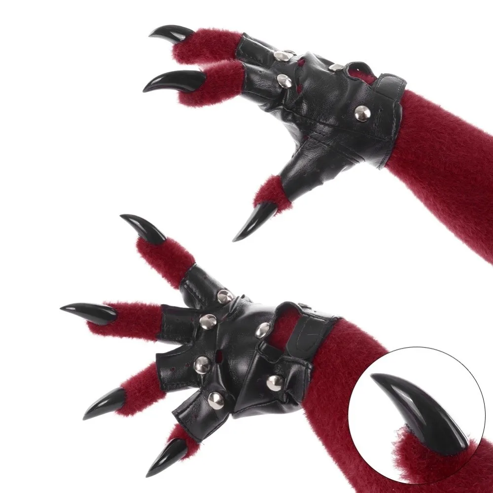 Plush Furry Fursuit Kigurumi Gloves Thicken Warm Punk Leather Gloves Kawaii Cartoon Cat Dog Wolf Animal Paw Gloves