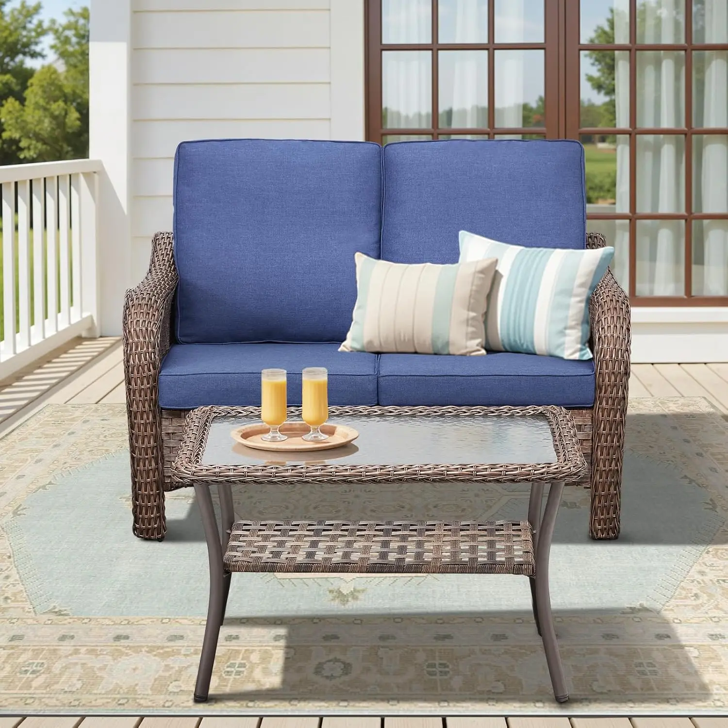 Outdoor Wicker Loveseat Set, 4-Inch Olefin Cushions & Curved Armrests, 300 lbs Rattan Patio Furniture for Garden & Backyard, Blu