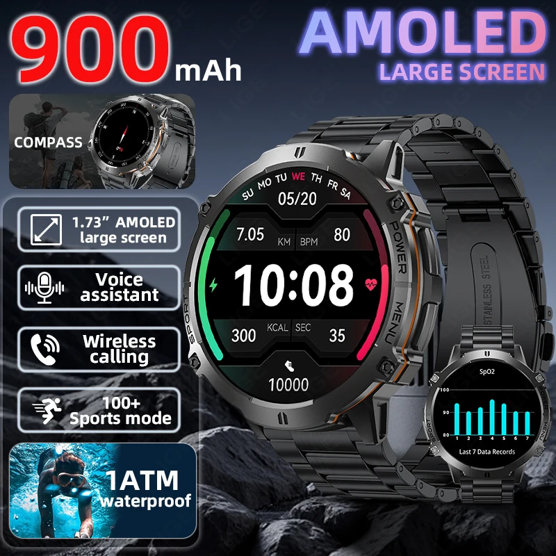 

LIGE AMOLED Smart Watch 900mAh Large Capacity Battery Compass Barometric Altimeter Military Sport Smartwatch Men For Android iOS