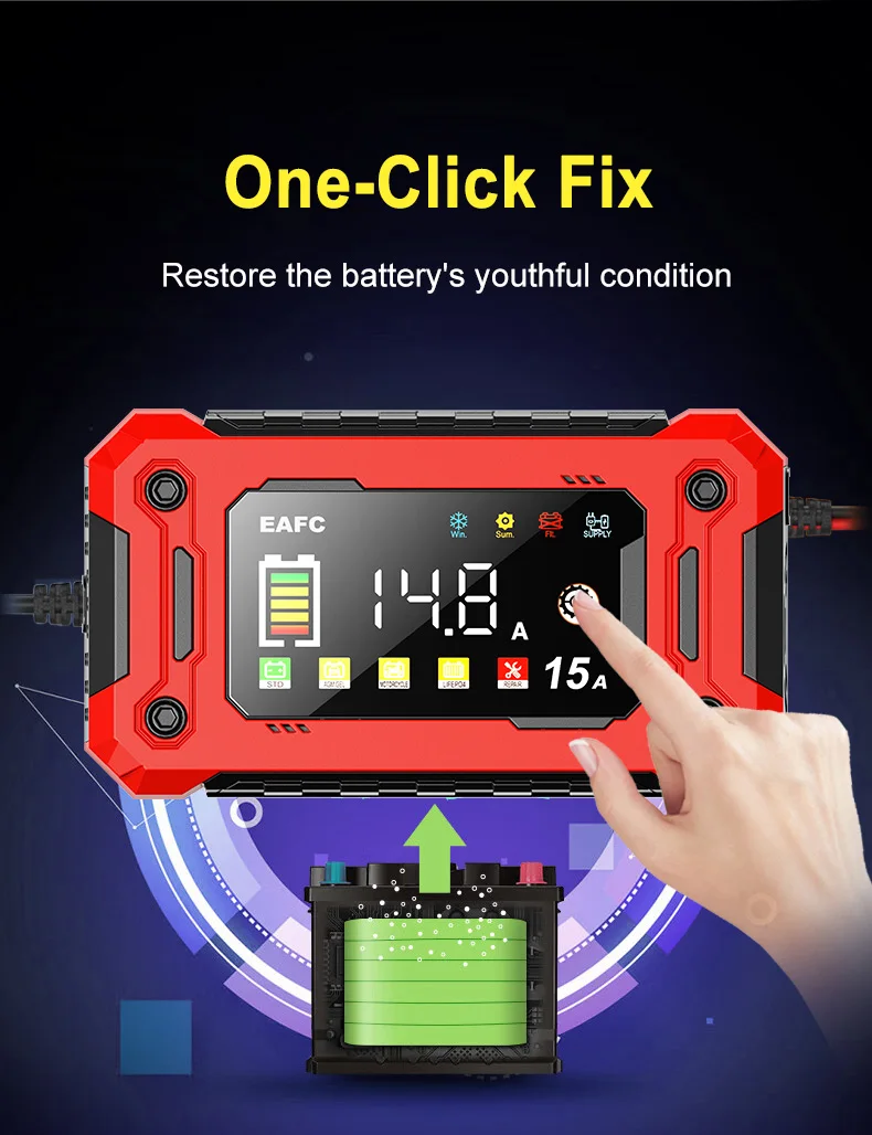 EAFC 12V 15A 8A Autobatterie-Ladegerät mit Großem Bildschirm, Pulsreparatur-Ladegerät für Auto, Motorrad, SUV, Lithium, AGM, Blei-Säure, GEL, LCD-Display – Detail 4