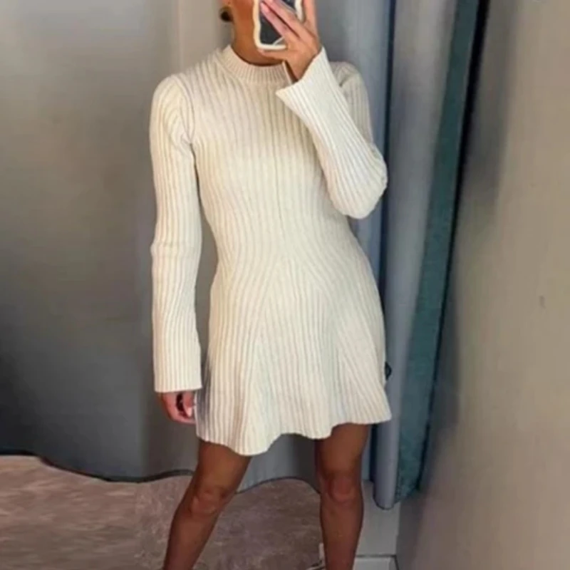 Knitted Dress Long Sleeved Tight Fitting Women's 2024 Buttocks Wrapped Solid Color Temperament Short Autumn Winter Woolen Dress