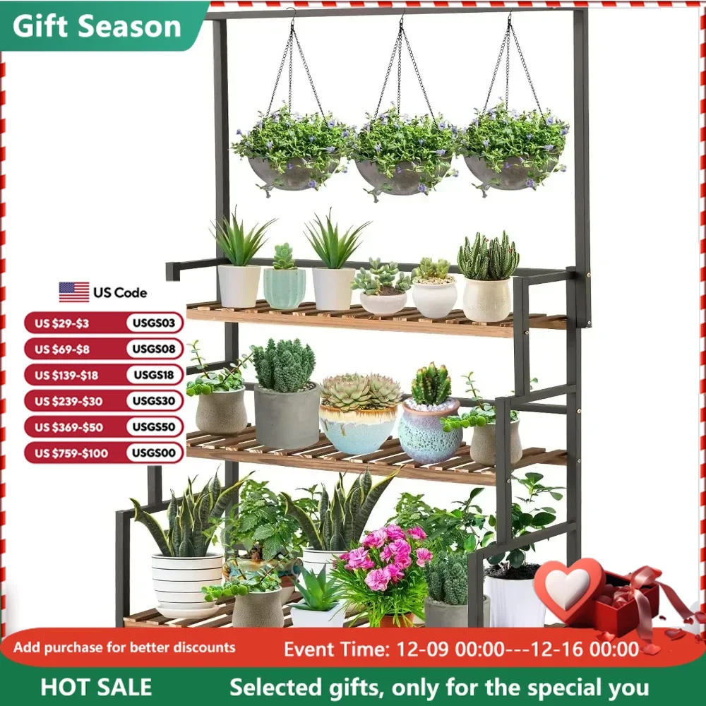 

Hanging Plant Shelves Indoor 3-Tier Stand with Bar,Flower Pot Organizer for Multiple Plants, Wood Rack with Metal Frame