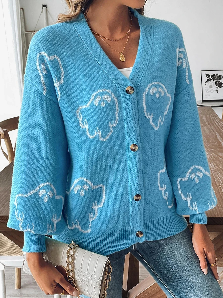 Women Halloween Button Sweaters Casual Lightweight Ghost Print Long Sleeves Knit Cardigans Warm Knitwear for Streetwear