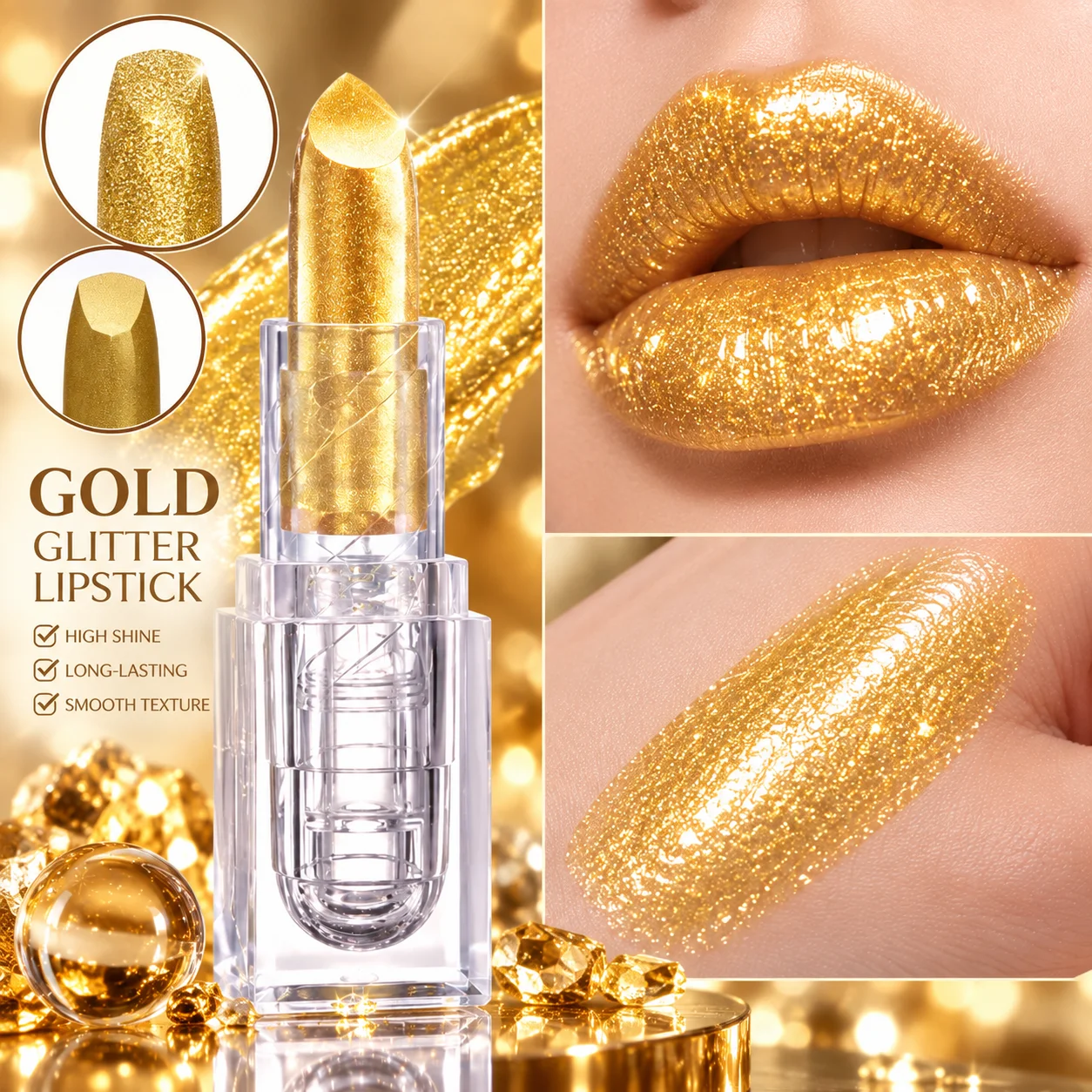 Halloween Gold Metallic Glitter Lipstick Transparent Square Tube Sparkling Shiny Lips Cosplay Party Stage Makeup