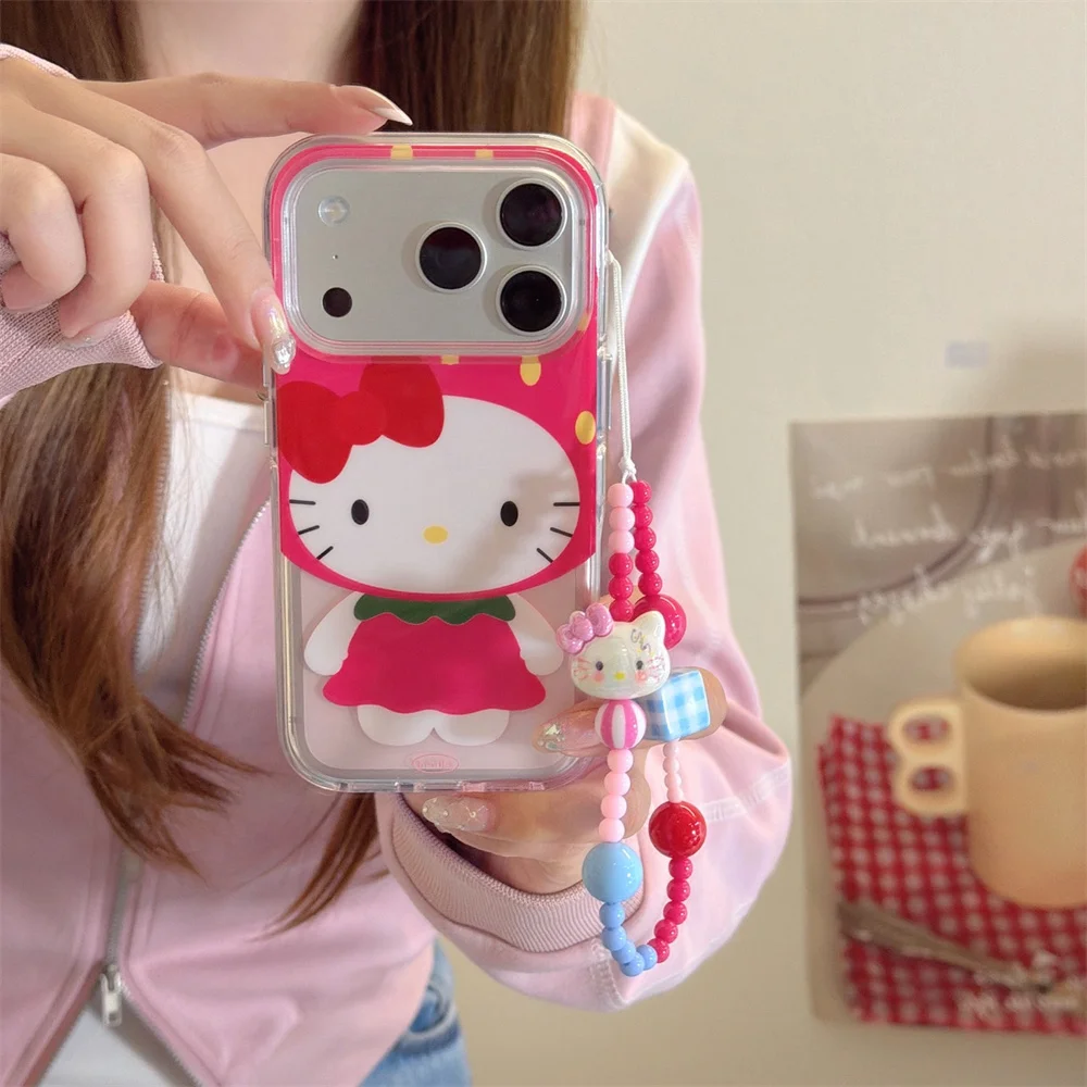 

Funny Strawberry Hellokitty Silicone Phone Case for iPhone 17 Pro Max 16 15 14 13 16 Pro 17 Cases Cute 7 Fundas Cover with Chain