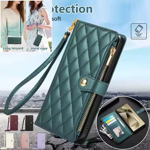 Long Lanyard Flip Leather Phone Case for Samsung Galaxy S24 Ultra S23 FE S22 S21 S20 S10 Plus A35 A55 Zipper Wallet Card Cover