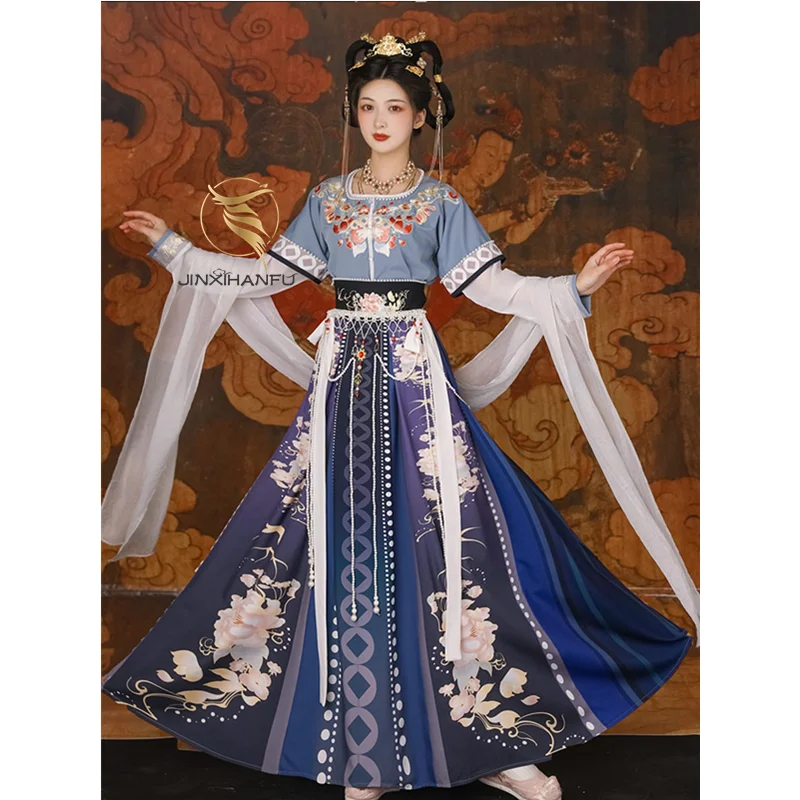 JINXIHANFU Original Design New Flower Half Arm Printed Ru Skirt Middle Antique Three-piece Hanfu Dress Women