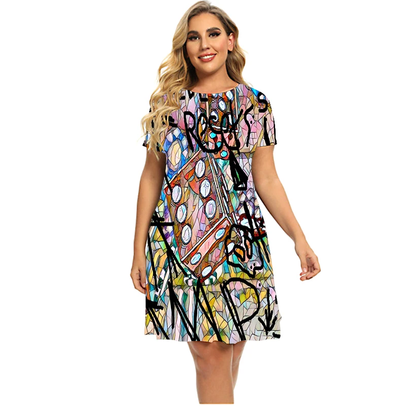 Vestido corto informal para mujer, minivestido holgado de manga corta con estampado de grafiti, talla grande 6XL