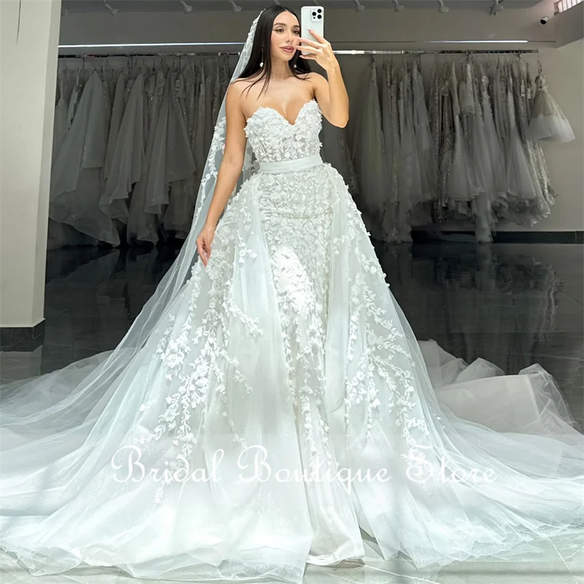

Luxury Flowers Mermaid Wedding Dress 2024 With Veil Sweetheart Crystals Court Train Bridal Gown Vestido De Noiva Customized