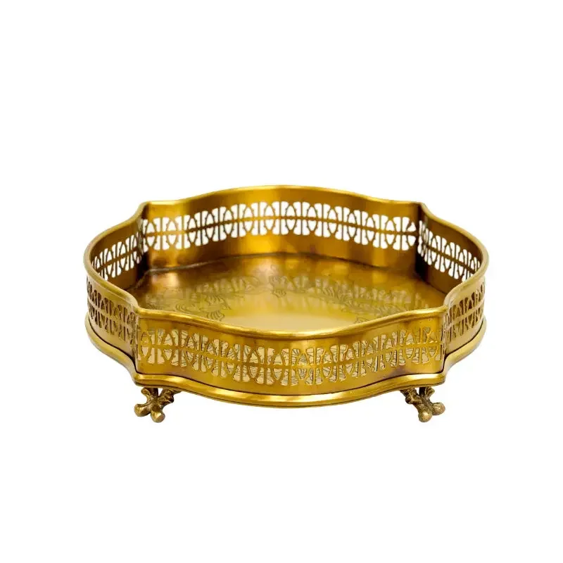Imported European retro engraved light luxury brass tray, cosmetic storage  aromatherapy tray, porch  tea ornamen