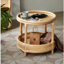 Ins Indonesian Rattan Weaving Table Vintage Coffee Table Double-Layers Structure Round Side Table Living Room Tea Desks