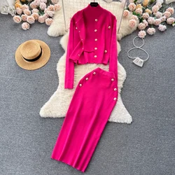 REALEFT Autumn Winter 3 Pieces Women's Sets Knitted Tracksuit Single Breasted Cardigan & Tops and Sheath Wrap Skirts Suits 2024