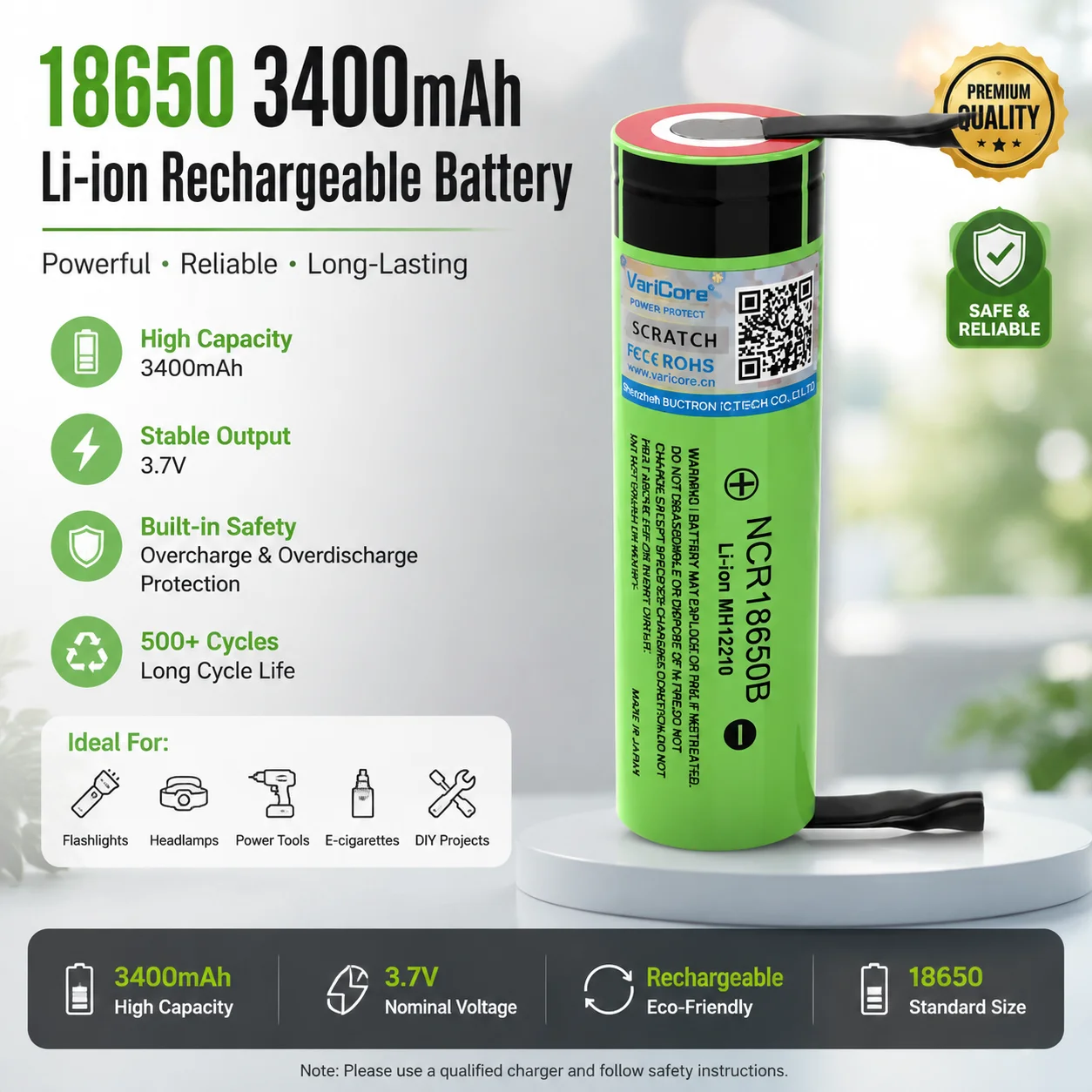 NCR18650B 18650 Wiederaufladbare Lithium-Ionen-Batterie 3,7V 3400mAh mit vorgelöteten Nickelanschlüssen, 1000+ Zyklen, für Taschenlampen, Powerbanks, E-Bikes, Elektrowerkzeuge,
