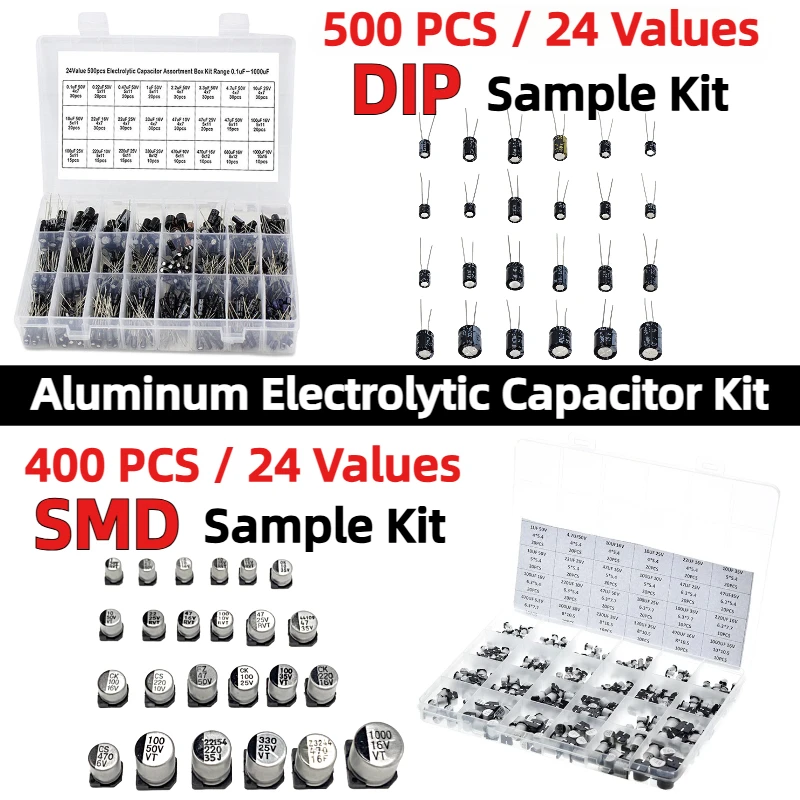 400PCS 500PCS 24 ค่าตัวเก็บประจุอลูมิเนียมอิเล็กโทรลีติคชุด DIP/SMD ตัวเก็บประจุอลูมิเนียมอิเล็กโทรลีติค 0.1uF - 1000uF ตัวอย่างกล่อง