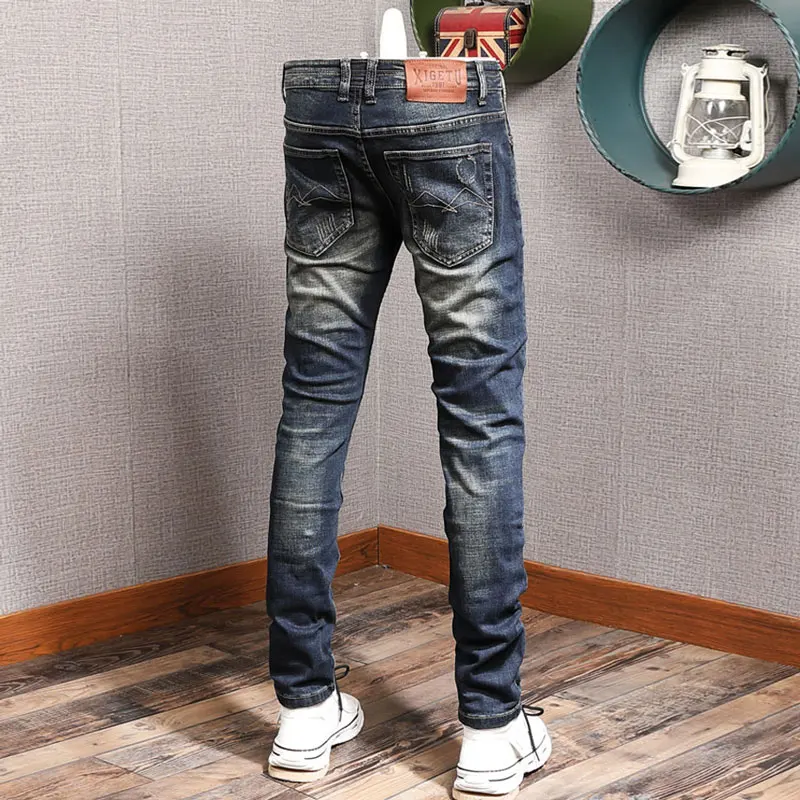 Newly Designer Fashion Men Jeans High Quality Retro Washed Blue Stretch Slim Fit Ripped Jeans Men Y2K Vintage Denim Pants Hombre
