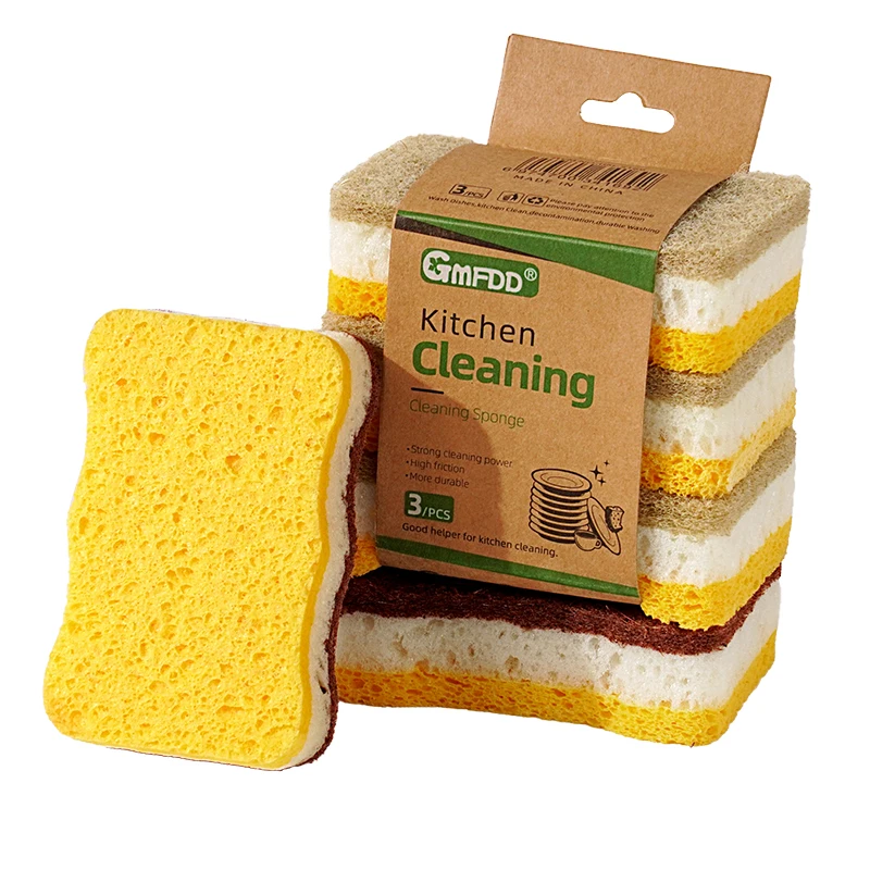 6pcs Three-color Sisal Scouring Pad Wood Pulp Cotton Kitchen Cleaning Dishwashing Brush Pot Artifact Coconut Brown Sponge Wipe