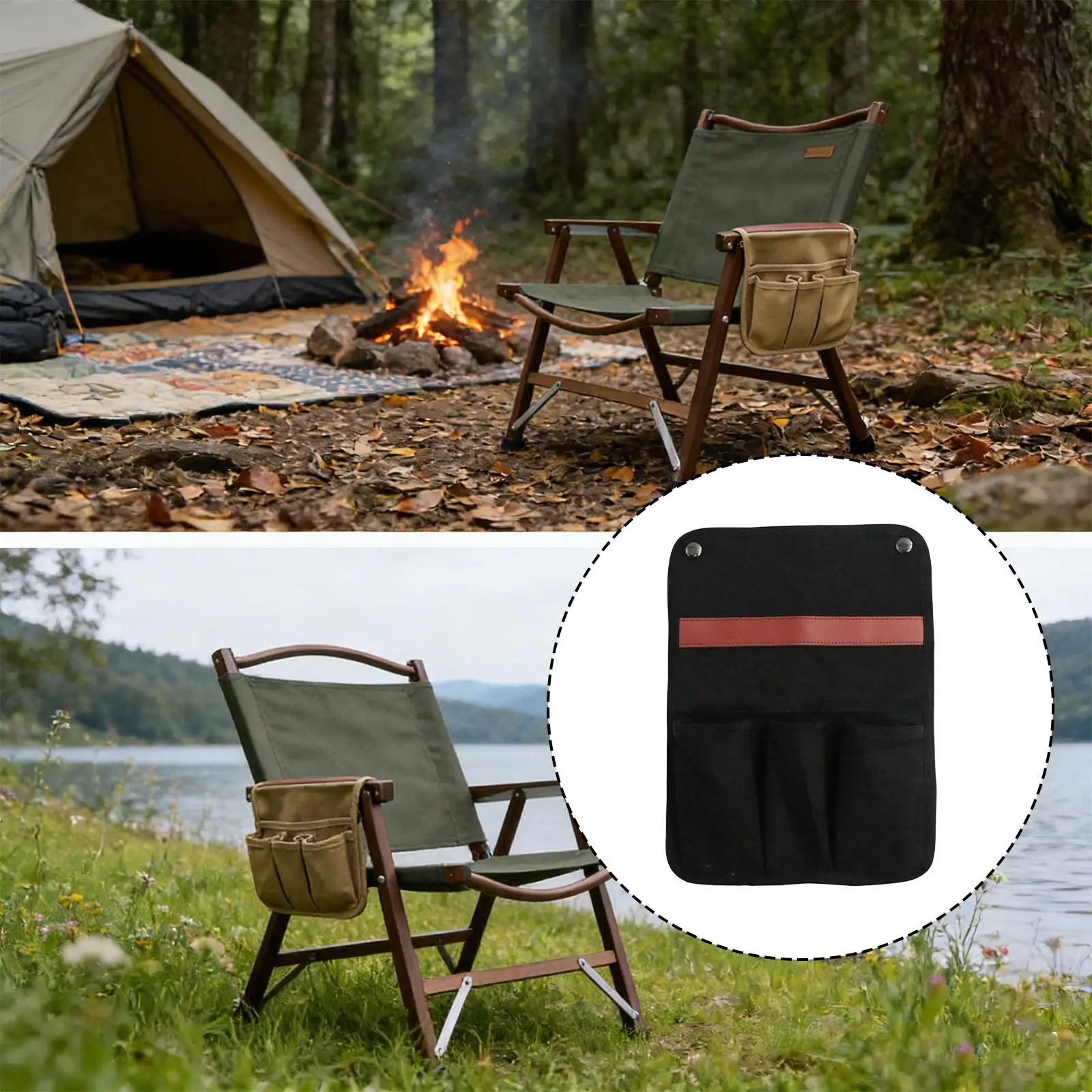 Outdoor Lounge Chair Side Pouch Waterproof Canvas Armrest Organizer for Folding Camping Chair Hiking Travel Accessories