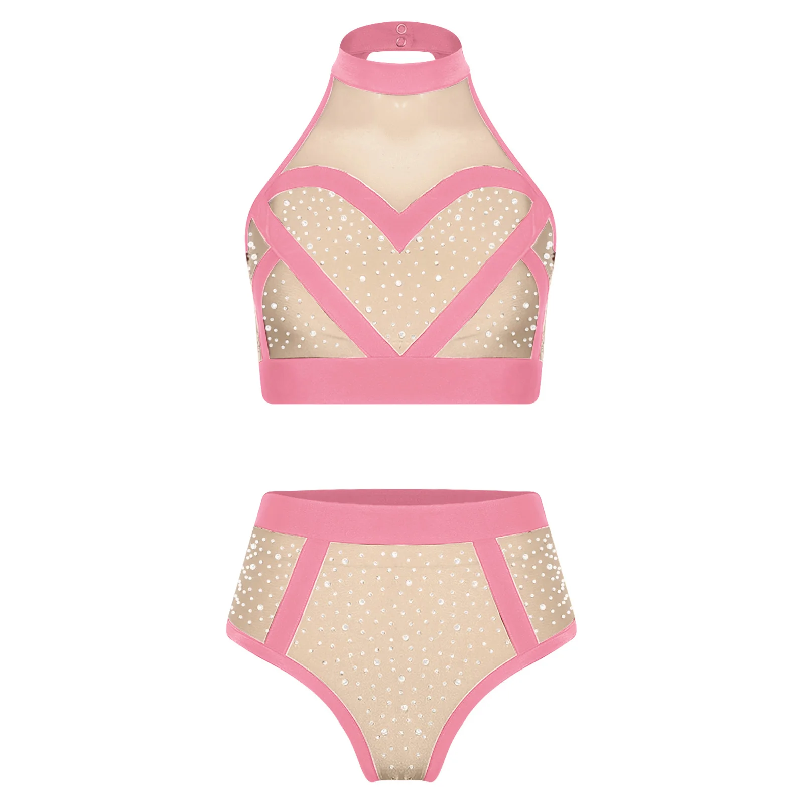 

Womens Shiny Rhinestone Color Blocking Outfit Halter Sleeveless Mesh Patchwork Crop Top and High Waist Briefs Shorts Clubwear