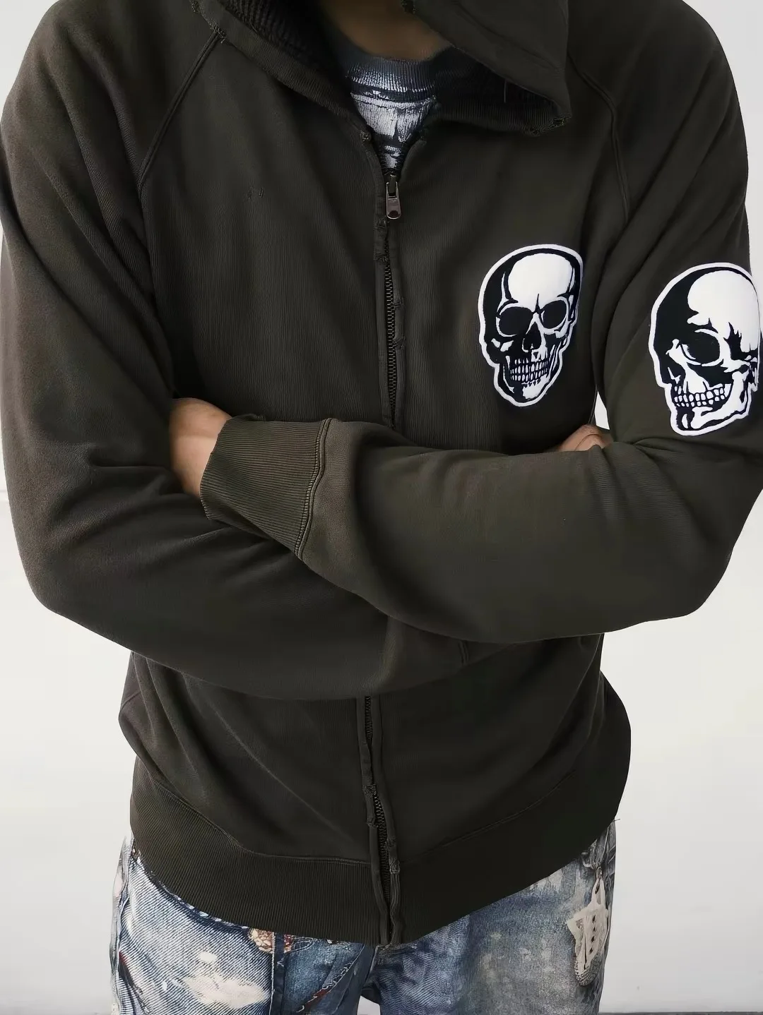 Jaqueta com capuz e zíper Number Nine N9 com bordado de caveira, estilo desgastado, moletom de manga comprida para jovens, ho...